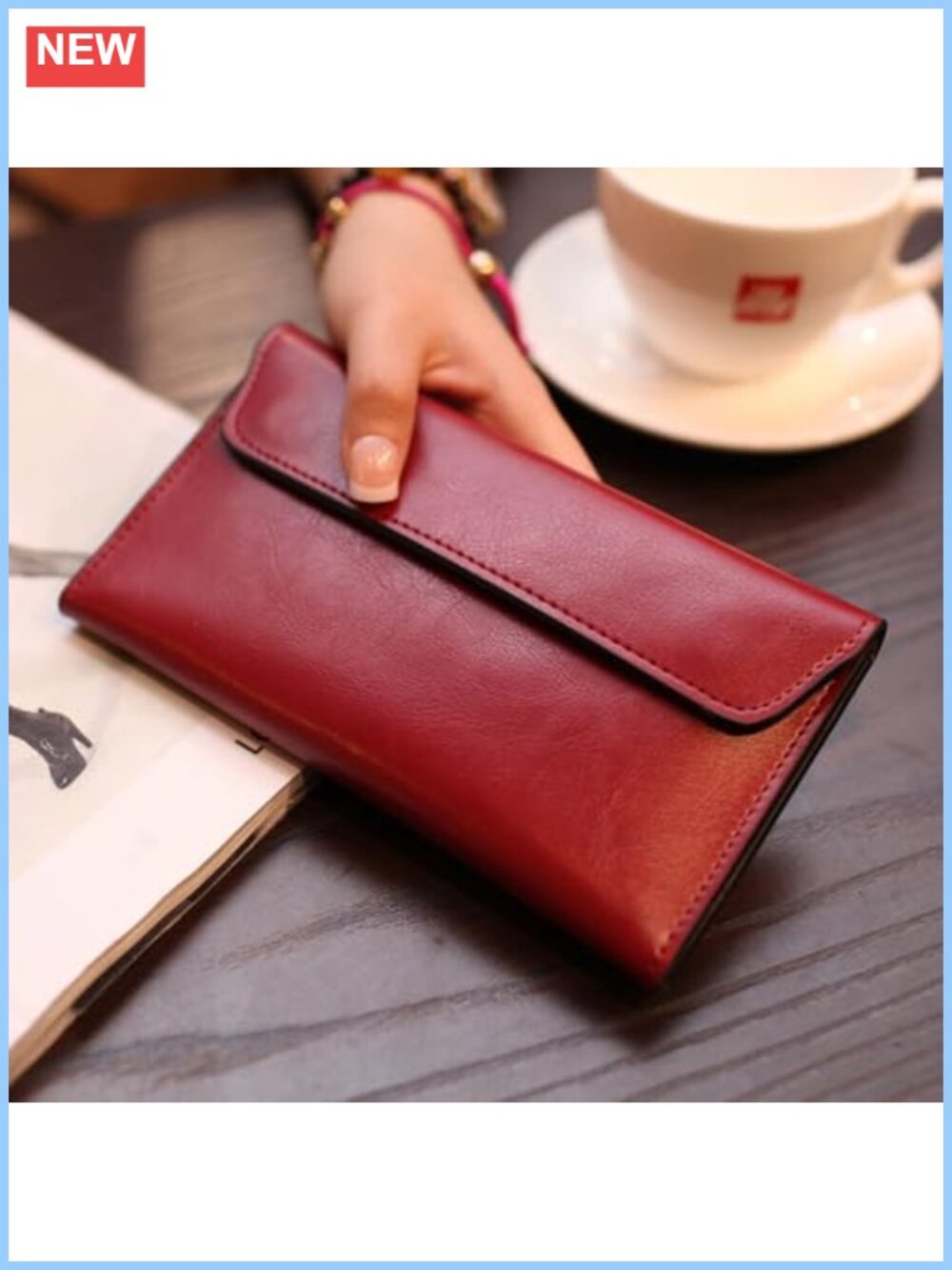 Retro Leather Envelope Wallet Magnetic Snap Slim Card Holder Clutch - Picture 3 of 6
